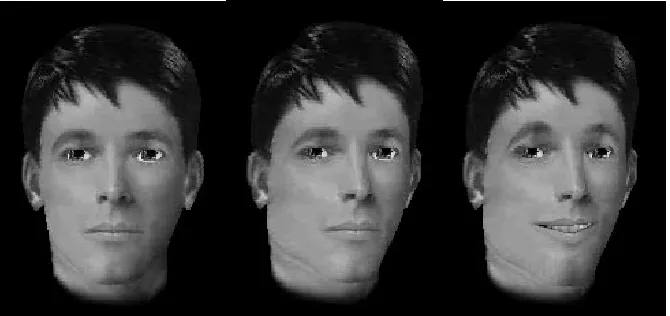 Figure 4. Three example poses of the synthetic face created by FaceWorks, (1) Static, (2) rotated ¾ viewand (3) smiling and talking