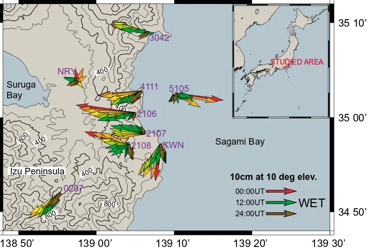 Fig. 3. Two-hourly estimates of horizontal gradients on 7th March 1997. The gradient vectors of the sites along the east coast of the Izu Peninsula indicateswestward wet and cold, while that of the site 5105, about 7 km of the east coast, shows eastward we