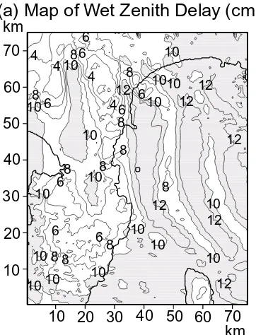 Fig. 4. (a) The map of the numerical model zenith wet delay (proportionalto the precipitable water vapor) when standing waves become stable.Mountain along the east coast of the northern Izu Peninsula causesmountain waves on the leeward side of the mountain