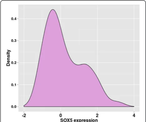 Fig. 5 Survival analysis. The SKCM samples were divided based ontheir SOX5 expression and based on their survival times (days todeath)