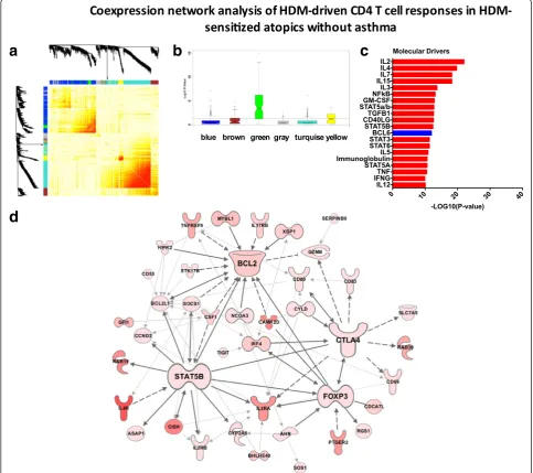 Fig. 5 Coexpression networks underling HDM-driven CD4 T cell responses in sensitized atopics without asthma.without asthma versus nonsensitized controls and the a Heatmap illustrating the genecoexpression network