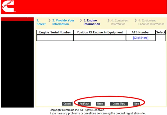 FIGURE 3:  Product Registration - Single Entry - Engine Information 