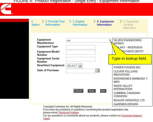 FIGURE 4:  Product Registration - Single Entry - Equipment Information 