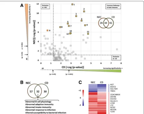 Fig. 3 Comparative analysis of functional enriched pathways between necrotizing enterocolitis and Crohnterms.in Crohnpidentified in NEC are listed in Fig