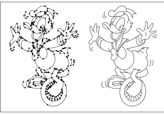 Figure 2: Donald, after Walt Disney: 117 digitized trajectories, 224 quintic curves. Blacksquares show curve endpoints.
