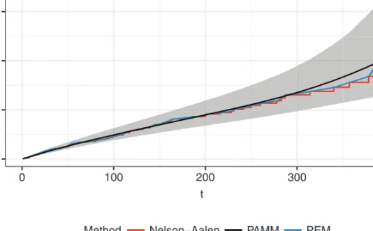 Figure 2 Comparison of the cumulative hazard estimates obtained by a Cox PH model (Nelson–Aalen), a PEM and a PAMM