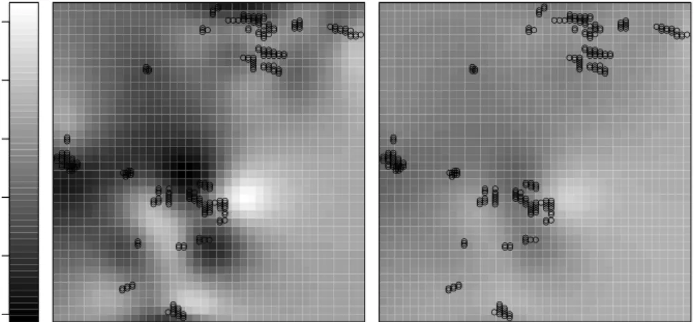 Figure 1. Guild 4: Estimated spatial effect in GLMs with with either high degrees of freedom or one degree of freedom for the spatial component.