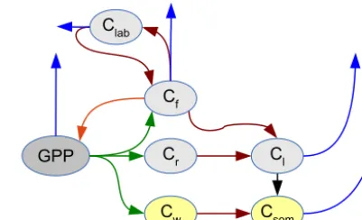 Figure 1. DALECv2 links the carbon pools (C) via allocationﬂuxes (green), litterfall ﬂuxes (red) and decomposition (black).Respiration is represented by the blue arrows