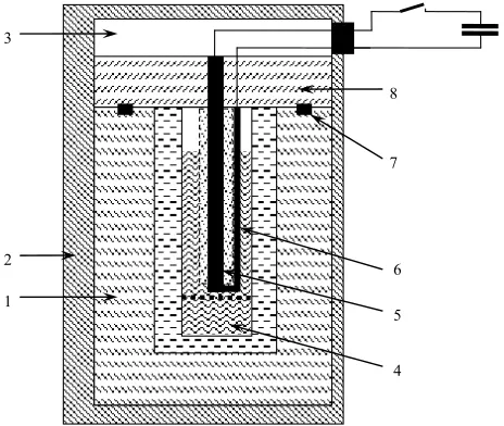 Figure 1. Schematic drawing of experimental setup: 1–interior of the explosion chamber; 2–stainless steel frame; 3–gas-collecting chamber; 4–liquid; 5–titanium electrode; 6–titanium foil; 7–tightening; 8–lid