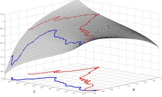 Figure 2.1: Estimated surface ˆ F (x, t) and two predictor curves for the DTI dataset.