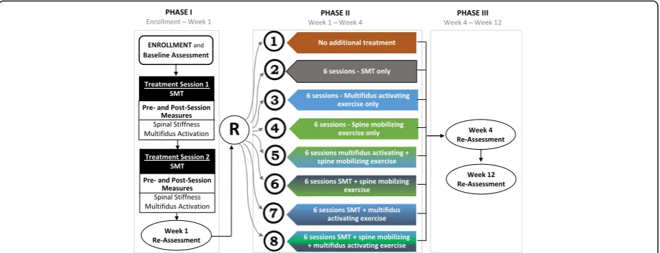 Fig. 3 Study design showing three phases and four assessments. Each assessment includes PROs, spinal stiffness, and multifidusactivation measures