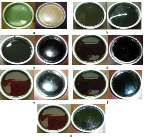 Figure 1. Digital images of uncured and cured samples of (a) UP, (b) FL, (c) FB,  (d) 50/50 UP/FL, (e) 70/30 UP/FL, (f) 50/50 UP/FB and (g) 70/30 UP/FB