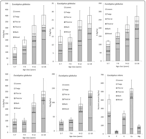 Fig. 6 Nutrient amounts in aboveground biomass components of Eucalyptus globulus, considering 4 age classes