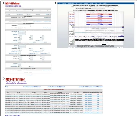 Fig. 3 The MSP-HTPrimer web interface and output.unmethylated primer]. Each result of the primer design pipeline is presented bundled, once as singleparameters that can be used to design and select optimized PCR primers for BSP [default option], MSP, COBRA