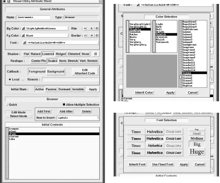 Figure 4: The attribute sheet of the Visual Obliq GUI-builder (left), and its popupdialogs for selecting a color (top-right) and a font (bottom-right).