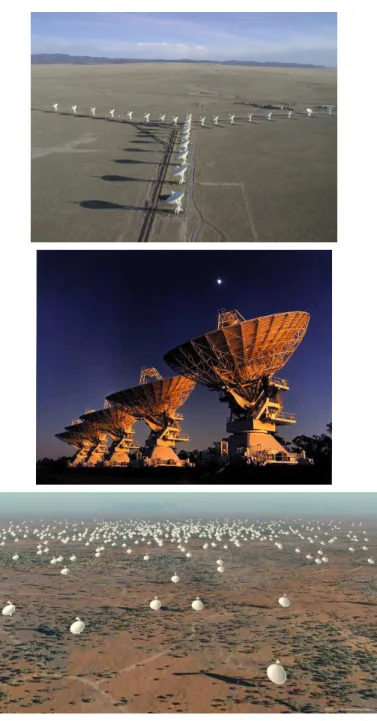 Figure 1.1: Example aperture synthesis arrays. Top panel: The Very Large Array (VLA) which consists of 27 × 25m dishes, with a maximum baseline length of