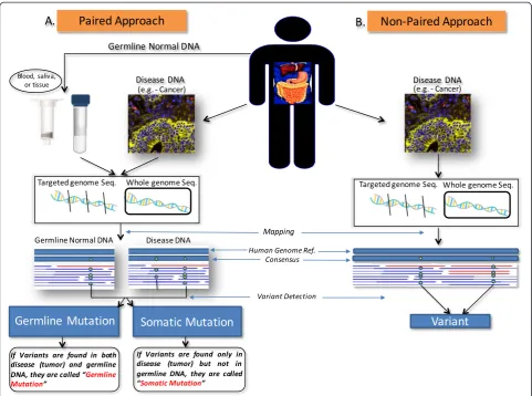 Fig. 1 Nomenclature of variants according to sequencing design. In a paired approach (a), diseased (tumor) DNA and DNA from the germline(blood, saliva, or other non-diseased tissue) have been extracted and individually sequenced and mapped against a human 