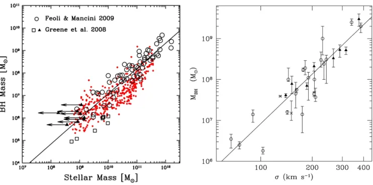 Figure 1.5: (left) The correlation between total stellar mass in the bulge and the mass of the black hole (BH mass)