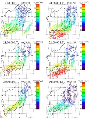 Fig. 4. Two-dimensional maps of absolute vertical TEC over Japan during 19–24 LT on September 25.