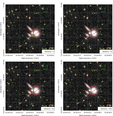 Figure 3. Examples of using diﬀerent watershed de-blend tolerance levels on the initial segmentation map, as per labelled on each panel.There is no truly objective approach to say which solution is preferred, but most professional astronomers would probably suggest thebest answer lies in the regime of tolerance 1–4, where the central confused complex has been broken up into its plausible sub-components.