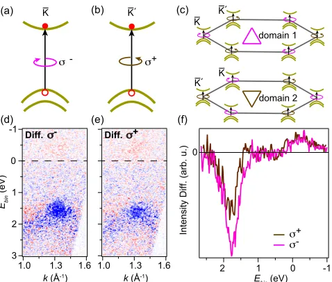 FIG. 3: (Color online) (a) EDCs extracted over the VBM andﬁtted with two Lorentzian line shapes on a parabolic back-Example EDC ﬁt for equilibrium (Eq.) and optically excited(Exc.) data with plots of the individual Lorentzian compo-nents.in (a)