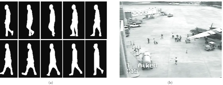 Figure 1: Two examples of activities: (a) the binary silhouette of a walking person and (b) people disembarking from an airplane