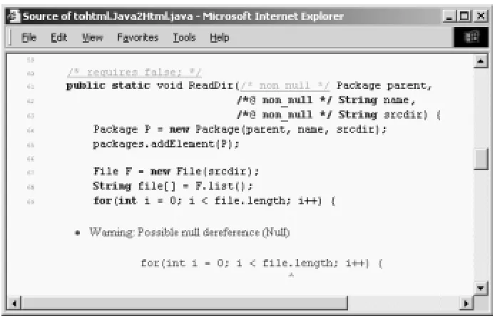 Figure 1: Screen shot showing the source view of Houdini’s user interface. (Declar-ing a parameter, like parent, with the ESC/Java modiﬁer nonnull serves as analternate way of writing the precondition requires parent != null;.)