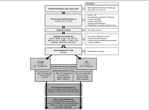 Fig. 1 Participant flow. CEQ = Credibility/Expectancy Questionnaire; C-SSRS = Columbia-Suicide Severity Rating Scale; BDI-II = Beck DepressionInventory; BSI-GSI = Global Severity Index (Brief Symptom Inventory); DAAPGQ = Depressive and Anxious Avoidance in Prolonged GriefQuestionnaire; ECR-RD8 = Experiences in Close Relationships – Revised (short version); GCQ = Grief Cognitions Questionnaire; ICG-D = Inventory ofComplicated Grief; MMSE-2 = Mini-Mental-State-Examination; PCSD = Perception of Circumstances Surrounding the Death Scale; PCT = Present-centeredtherapy; PG13+9 = Interview for Prolonged Grief-13, extended version; PG-CBT = integrative cognitive behavioral therapy for prolonged grief; PSQ = PainSensitivity Questionnaire; SCID-I = Structured Clinical Interview for DSM-IV Axis-I Disorders; SOMS-7T = Screening für Somatoforme Störungen (Screeningfor Somatoform Disorders); UGRS = Utrecht Grief Rumination Scale; WAI-SR = Working Alliance Inventory – self-report