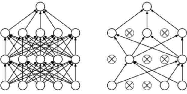 Figure 8: Left: Deep neural network. Right: a thin = network; the result of applying dropout to the network on the left