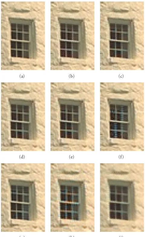 Figure 8: Part of image 19 containing low-contrast, edgy region: (a) original, (b) proposed, (c) POCS [14], (d) Su [16], (e) Li [15], (f)Hirakawa [9], (g) Zhang [10], (h) Pei [4], and (i) Lu [3] algorithms.