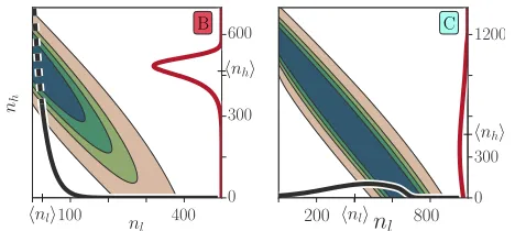 FIG. 6.Two-mode photon statistics obtained from the reducedwith spontaneous transitions fully included between the modes.In contrast to the case with suppressed spontaneous transitions,the statistics are no longer attracted to the axis