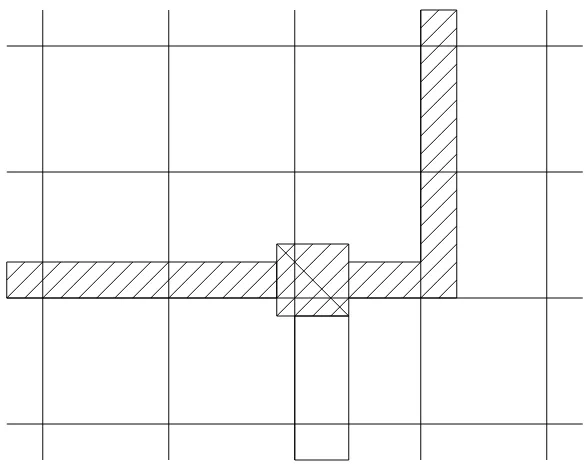 Figure 3. When placing hand routing, it is best to place wires with their left and bottomedges along grid lines, and contacts centered on the wires
