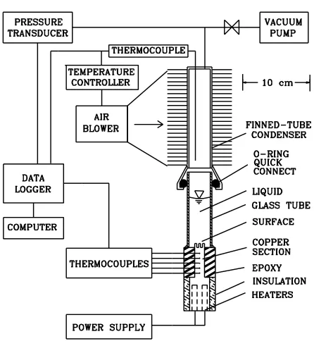 Figure 1: Test section and system used in low pressure pool boiling experiments.