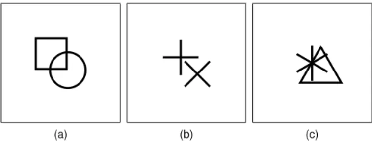Fig. 1. Examples of overlap appearing between di fferent combinations of two shapes. Shapes are drawn with a pixel size of fifteen and a line width of one