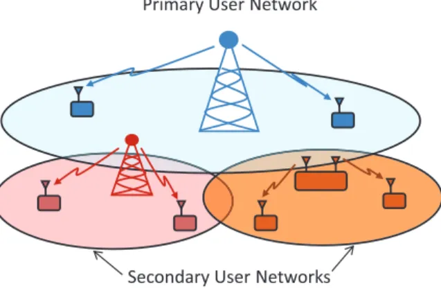 Figure 2.1. Coexistence of multiple primary and secondary user networks (homogeneous or heterogeneous).