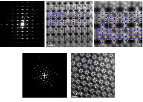Figure S5.  Associated electron diffraction patterns and STEM ADF images, with superposed figures of 