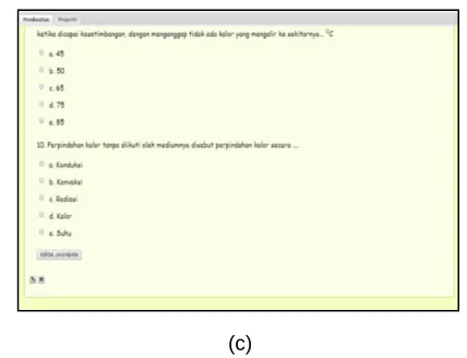 Fig. 2.  Exelearning page of (a) problem orientation, (b) learning material on temperature and heat concept, and (c) multiple choice quiz 