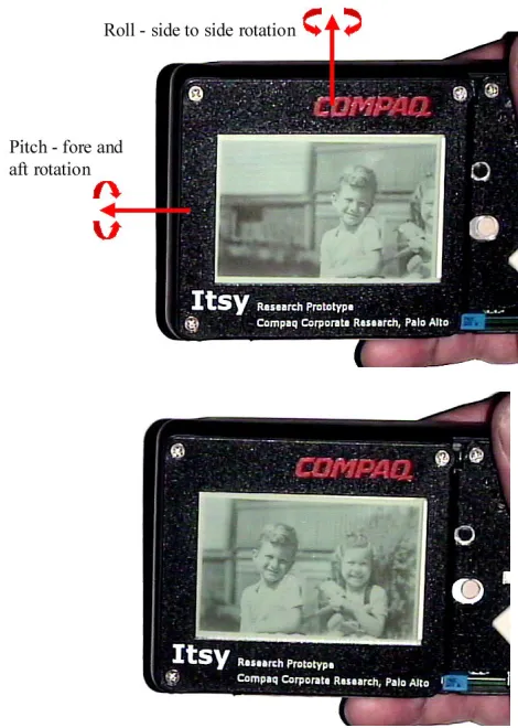 Figure 1:  As the left edge of the device is dipped, that is,rotated about the roll axis, the picture slides to the left ofthe display.