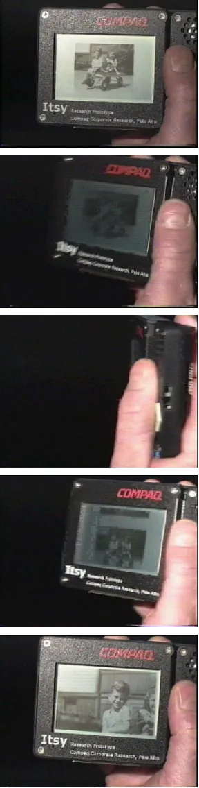Figure 2: The first frame of the sequence (top-to-bottom)shows the thumbnail photo.  In the next three frames, theuser fans the device