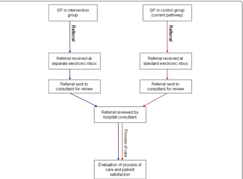 Figure 3 Referral pathway. Flow of referral and process of care in the intervention (blue arrows) and control group (red arrows).