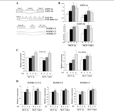 Figure 4 E2-induced alternative splicing of endogenous genes. AE2 increased the expression of C1 isoform (p=0.0001) but reduced C3 levels in MCF-7p cells (p=0.004)