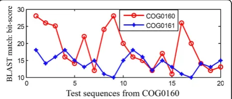 Figure 1 Limitations of the global feature (the highest BLASTmatch score). Maximum BLAST matching scores of the testsequences from COG0160 protein family [6] with themselves andwith another COG0161 protein family