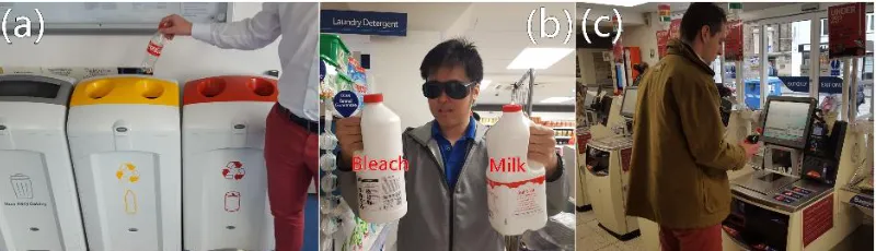 Figure 4: Four example applications to demonstrate the interaction possibilities of RadarCat, from left to right a) physical object dictionary b) tangible painting app c) context-aware interaction and body shortcuts d) automatic refill