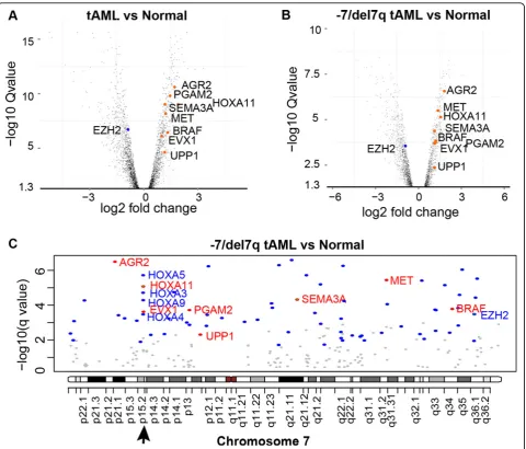 Figure 2 Gene differential expression in t-AML compared with controls. A) Significantly differentially expressed genes in t-AML whencompared with normal HSC+ cells (Q-value<0.05)