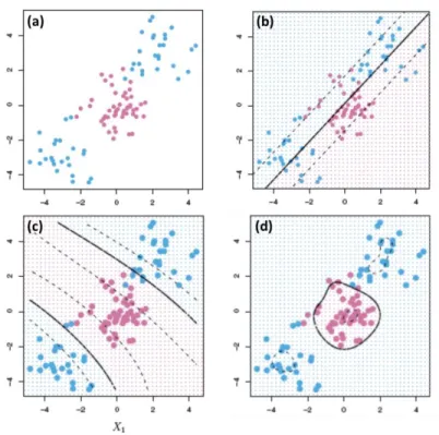 Figure 2.12 Example case of kernel functions application on non-linear data (a) data points with two  categories, (b) SVM with linear kernel, (c) SVM with polynomial kernel, (d) SVM with radial kernel 