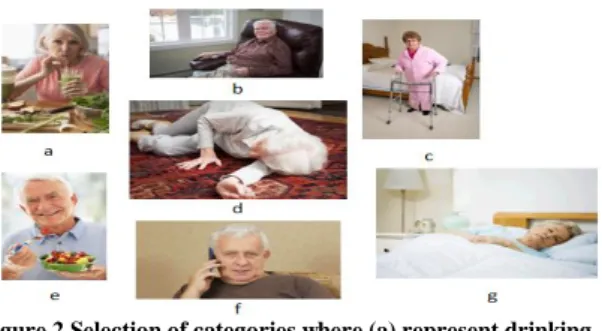 Figure 2 Selection of categories where (a) represent drinking,  (b) sitting, (c) walking, (d) fall detection, (e) eating, (f) talking on 