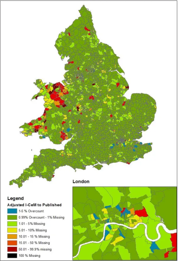 Figure 4: Percentage missing from I-CeM after taking account of identified ‘lost’, 1861