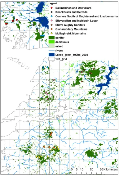 Figure 1: Location of study sites in counties Galway, Clare, Limerick and Kerry used for the G