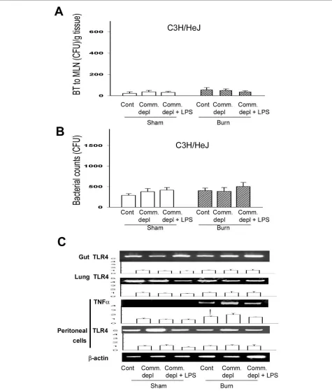 Figure 6 TLR4 ligand did not change bacterial translocation (BT), bacterial killing activity of peritoneal cells, and TNFα mRNA expression in C3H/HeJ mice