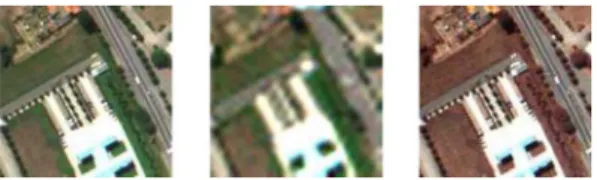 Fig. 2. (Left) Reference image. (Middle) HS image. (Right) MS image.